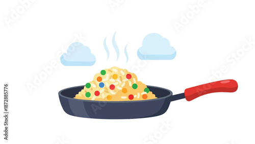 Delicious steaming fried rice artfully prepared in a classic dark pan featuring an assortment of brightly colored peas for a tasty culinary