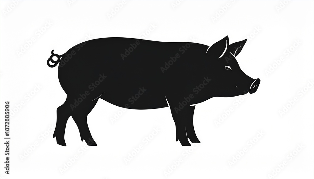 Fototapeta premium Black pig standing isolated on white background, minimalist animal illustration, vector style