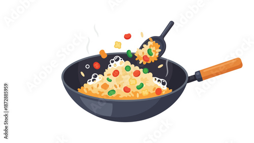 A lively culinary depiction of a steaming wok vigorously tossing a mound of delectable fried rice infused with a medley of bright, wholesome