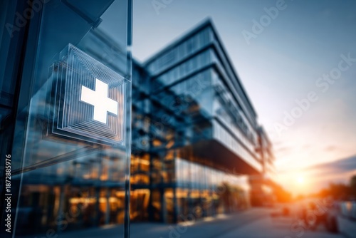 Modern medical building with illuminated cross symbol at sunset.