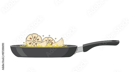 A graphic depiction of fresh citrus segments and botanical elements bubbling vigorously in a hot skillet with golden liquid, highlighting a