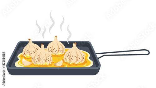 Delicious roasted garlic bulbs cooking in a sleek black pan with shimmering oil, emitting fragrant steam for a rich culinary experience perfect for