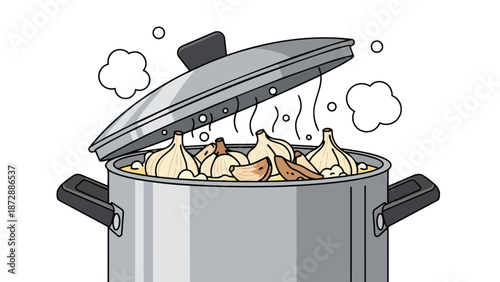 A culinary illustration depicting garlic cloves and bulbs simmering in a boiling pot with steam escaping