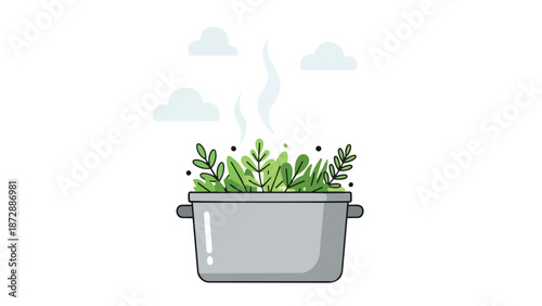 Fresh green herbs simmering gently in a modern cooking pot, emitting soft steam towards stylized clouds, symbolizing healthy culinary art and