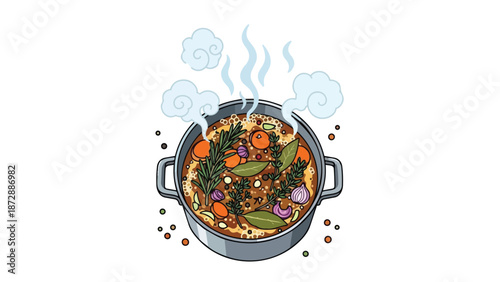 A savory simmering stew or aromatic broth cooking with fresh vegetables and herbs in a bubbling pot