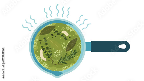 A vibrant green herbal concoction simmering in a saucepan creating a soothing aromatic culinary experience