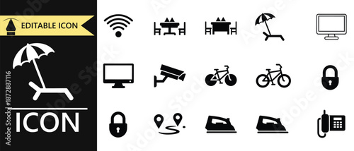 A comprehensive set of vector icons representing hotel amenities and services for travel guides