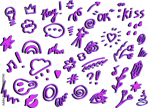 A wild, energetic black-and-white doodle page bursting with symbols — hearts, stars, kisses, eyes, and “OK” signs. Playful, chaotic, and full of youthful energy, this hand-drawn collection captures t