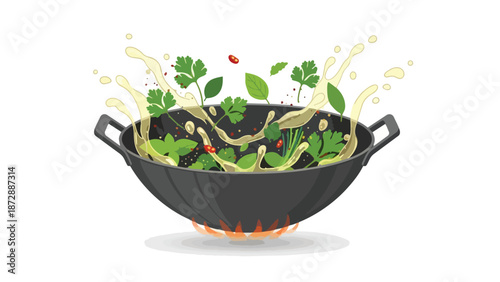 Dynamic culinary scene featuring fresh green herbs, aromatic basil, and vibrant red spices energetically tossing with golden oil splashes in a