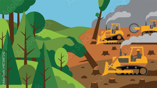 Environmental Impact: Bulldozers Clearing a Forest, Deforestation