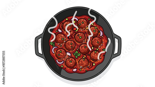 Sizzling Meatballs in Rich Tomato Sauce Simmering in a Skillet Freshly Prepared Delicious Dinner Meal Illustration Appetizing Aroma Rising From the