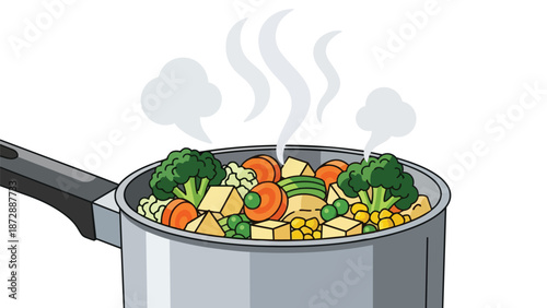 Steaming healthy mixed vegetables cooking in a pot a wholesome and nutritious meal preparation a vibrant culinary illustration focusing on fresh