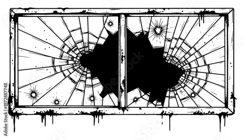 Broken window frame with shattered glass and bullet holes in grunge style