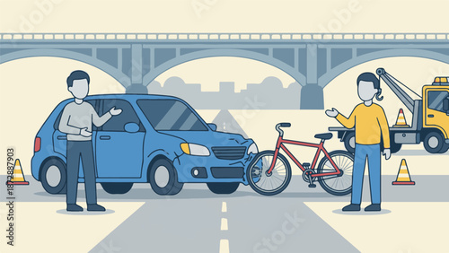 Road accident scene with car, bicycle, people, and tow truck on a city street