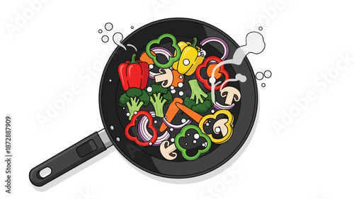 Dynamic graphic of fresh chopped vegetables sautéing in a hot skillet for a healthy meal