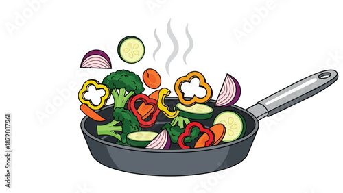 Colorful, freshly chopped broccoli, bell peppers, zucchini, carrots, and red onions actively stir-frying in a sizzling hot pan, creating a delicious