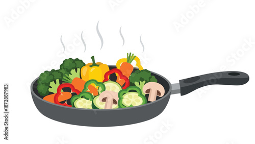 Vibrant garden fresh vegetables are sizzling in a hot pan creating a delightful aroma of healthy cooking for a nutritious meal preparation