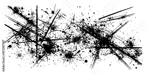Abstract grunge texture with chaotic scratches and black ink splatters