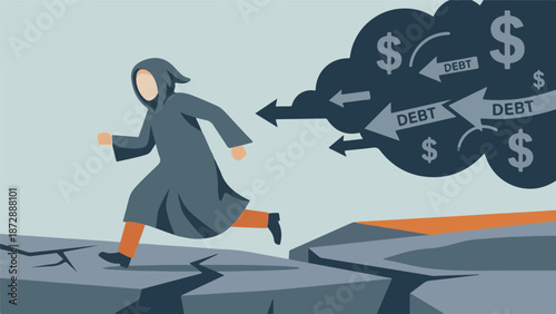 Hooded figure running away from overwhelming debt cloud and financial crisis