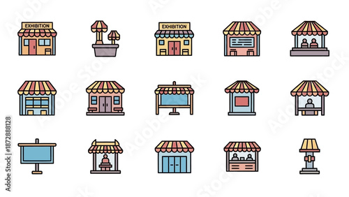 Collection of Various Cartoon Style Shopfronts.