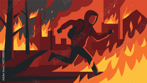 Person with backpack running from large fire engulfing trees and buildings