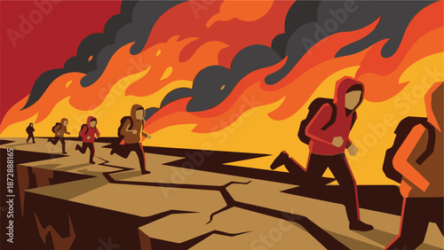 People running from wildfire and smoke on cracked, dangerous ground