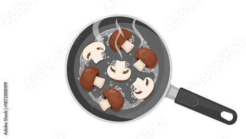 Vibrant illustration of earthy brown and white button mushrooms gently simmering in a sleek dark pan creating a delicious culinary scene with rising