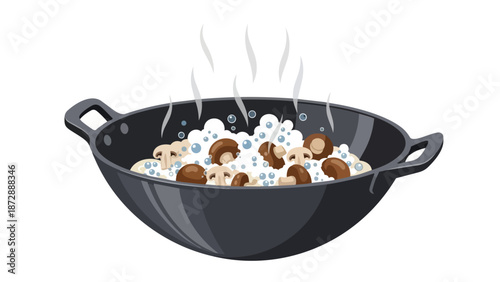 Culinary scene featuring a dark pan, fresh mushrooms, bubbling liquid, and rising steam, depicting an inviting and warm cooking process for a savory