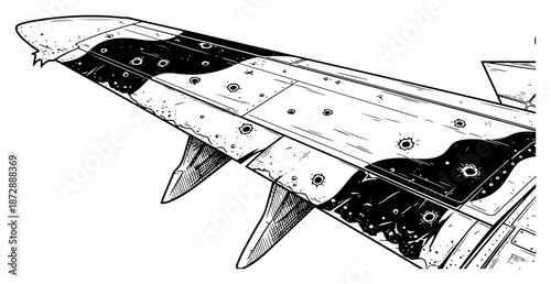 Camouflaged military airplane wing with bullet holes and battle damage in sketch style