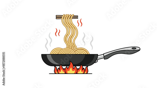 Vibrant minimalist illustration of hot steaming noodles being expertly cooked in a pan over an open flame representing delicious culinary artwork