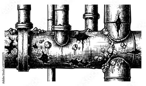 Hand drawn sketch of rusty industrial pipes and leaking tubes