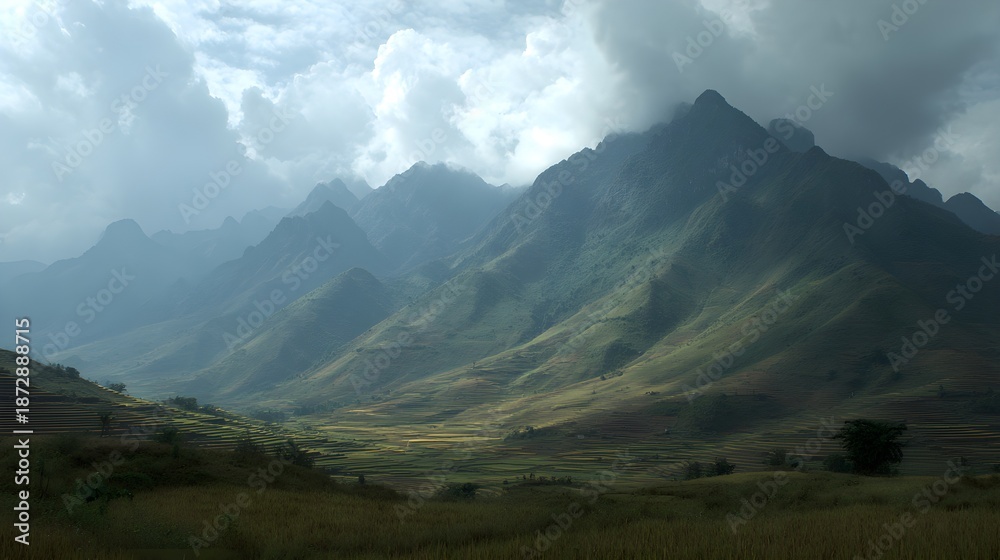 Fototapeta premium Expansive Terraced Rice Fields Nestled Amongst Majestic Mountain Ranges Under A Cloudy Sky