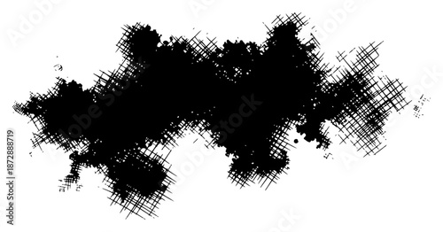 Abstract black ink splash stain with crosshatch grunge texture