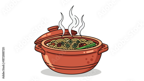 Delicious hot noodle soup served in a traditional steaming clay pot adorned with fresh vibrant green onions and flavorful meat pieces a delightful