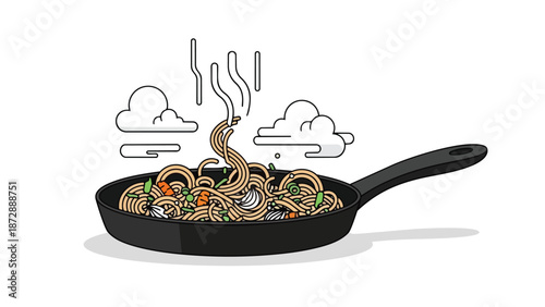 Freshly cooked noodles with vibrant vegetables steaming hot in a classic frying pan
