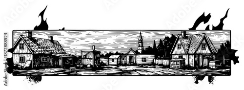 Vintage village panoramic sketch with traditional houses and church in woodcut style