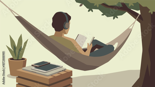 Person relaxing in hammock reading a book, with digital devices nearby