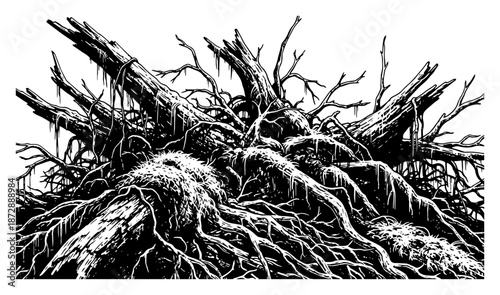 Tangled pile of broken deadwood branches and roots in ink sketch style