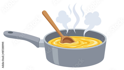 Vibrant yellow liquid simmering in a saucepan with a wooden spoon stirring