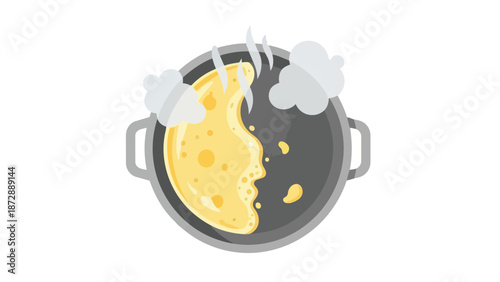 A vibrant golden liquid actively bubbling and simmering within a gray cooking pot emitting gentle wisps of steam an illustration depicting warm food