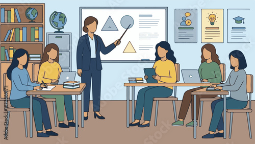 Female teacher instructing students on geometry in a modern classroom