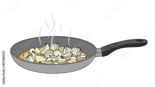 Chopped white onions gently simmering in a flavorful golden-brown sauce within a sleek dark gray non-stick pan, emitting steam, illustrating