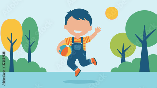 Smiling young boy in overalls playing with a ball in a park on a sunny day