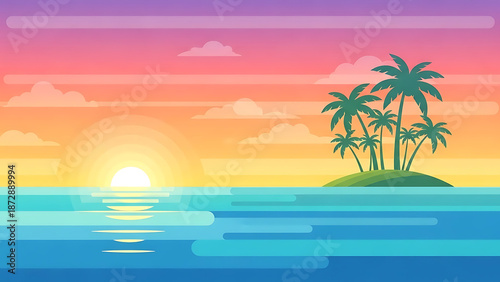 Tropical island at sunset with palm trees and calm ocean waters
