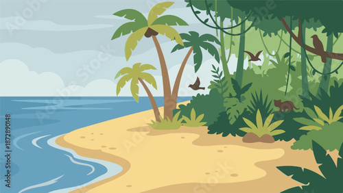 Tropical jungle beach scene with wildlife, palm trees, and ocean