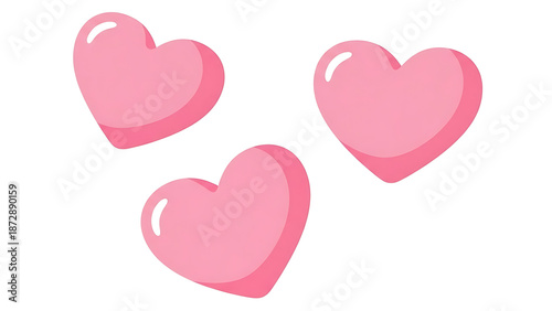 Three pink hearts on white background, cute love symbols