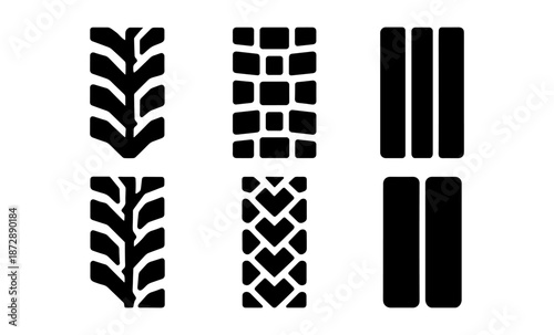 Set of six different black tire tread patterns on a white background
