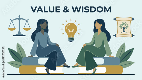 Value and Wisdom Concept with Symbols of Learning, Justice, and Ideas