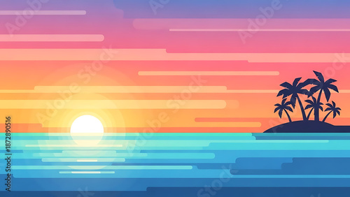 Tropical island at sunset with palm trees and ocean, serene landscape