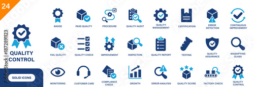 Quality control icon. Including procedure, quality audit, certification, improvement, inspection. Solid vector icon set.